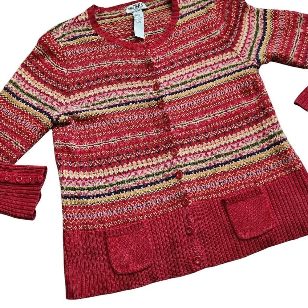 Vintage Tiara International Sweater Womens Large Cardigan Ramie Fair Isle Jumper